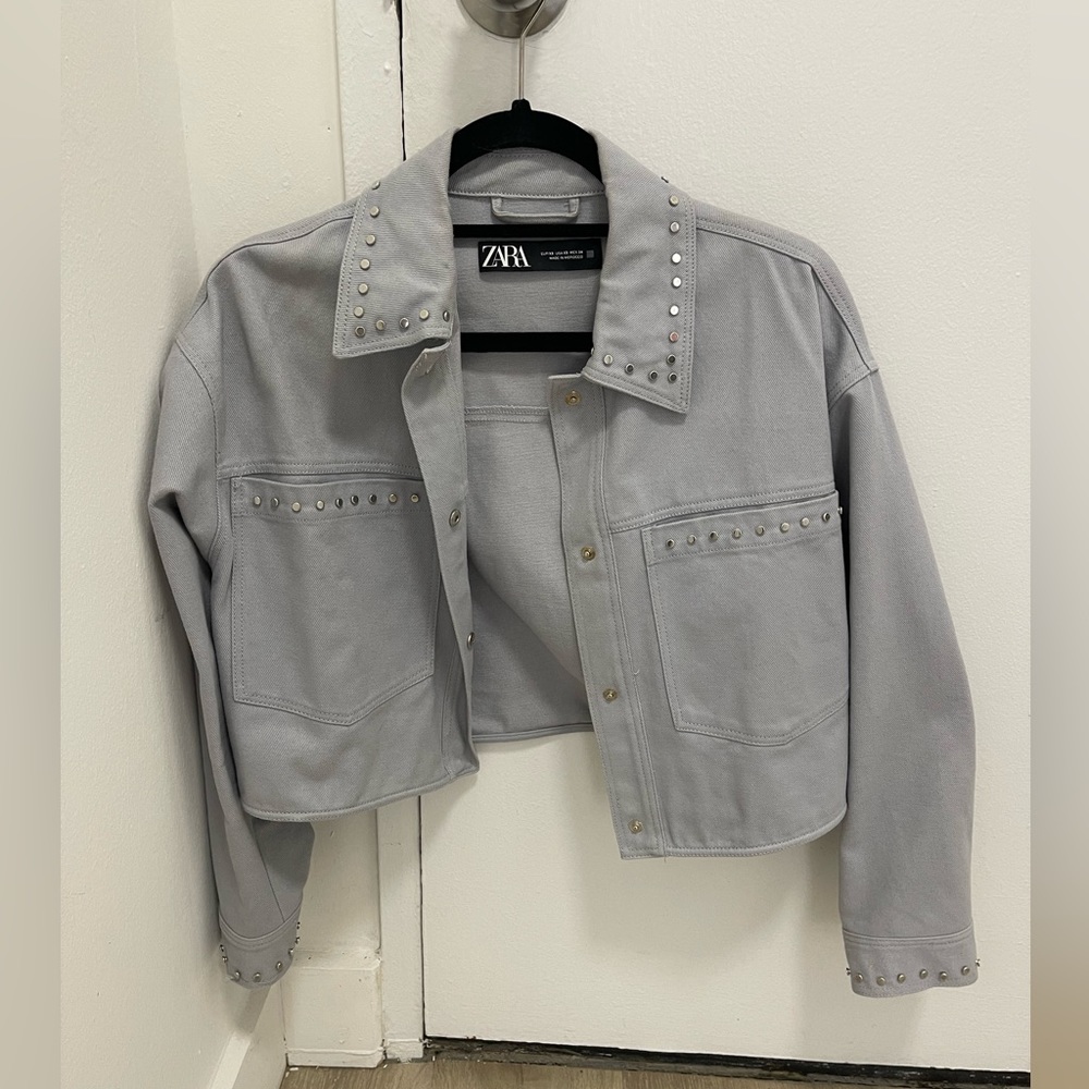 Light blue Zara cropped jacket with studded details